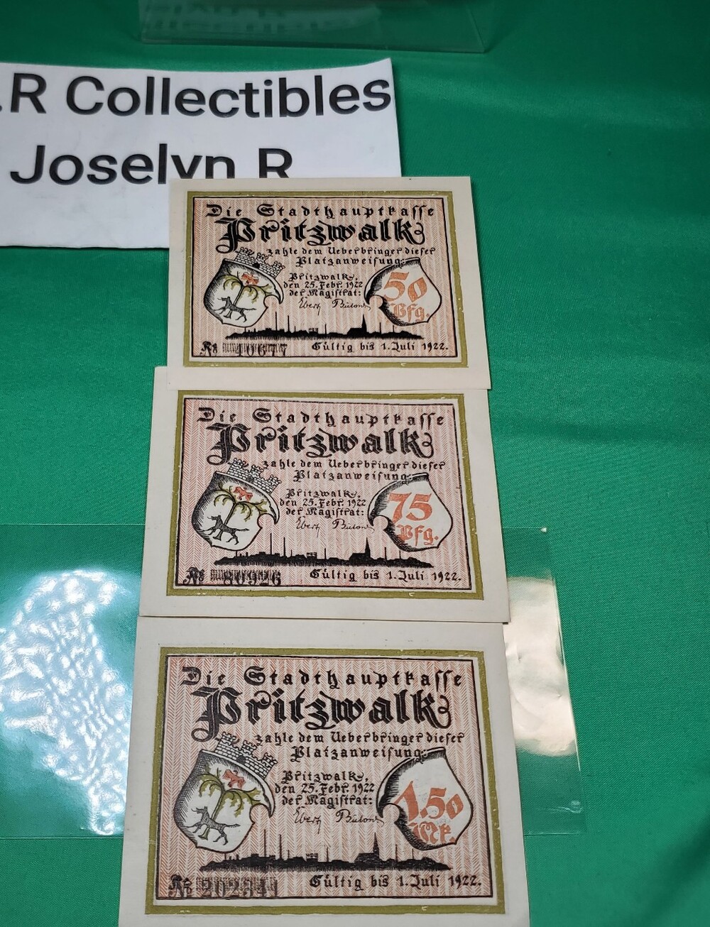 pritzwalk notgeld lot of 3– 1922 weimar emergency notes 50pf, 75pf, 1.50 mark